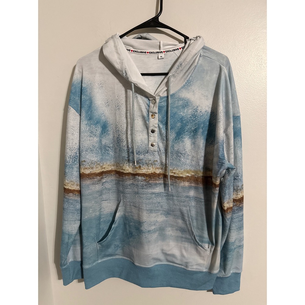 Exclusive Women Blue Landscape Print Henley Hoodie Sweatshirt XL Beach Coastal